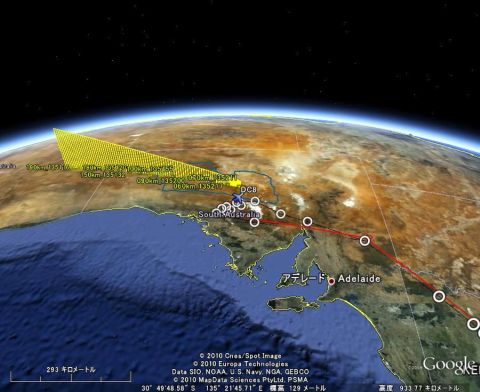 はやぶさ落下軌道(黄色)とNASAの観測機(DC8)の軌跡 はやぶさ落下軌道(黄色)とNASAの観測機(DC8)の軌跡